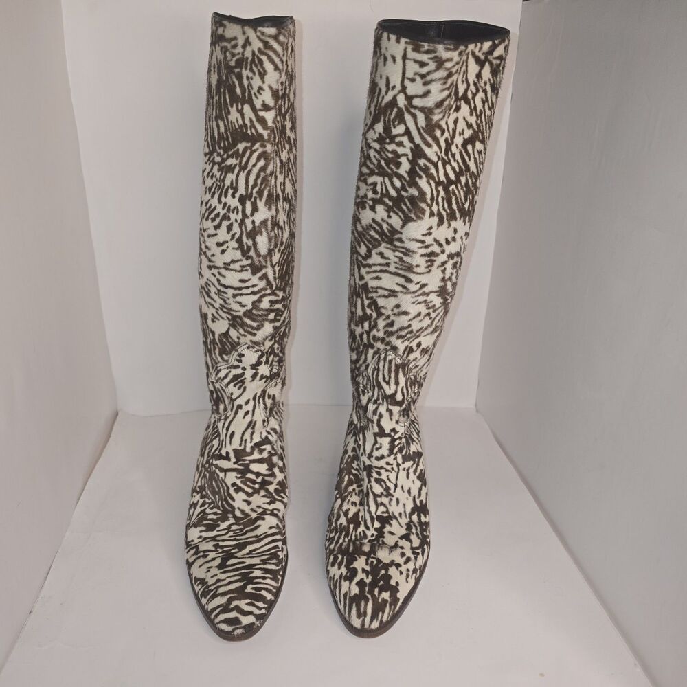 Vintage MAUD FRIZON Zebra Animal Print Calf Hair Brown Beige Boots Size 35 - Picture 2 of 16